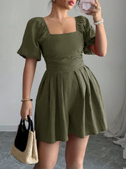 Short Sleeve Solid Color Pleated Romper GZEY D2316023