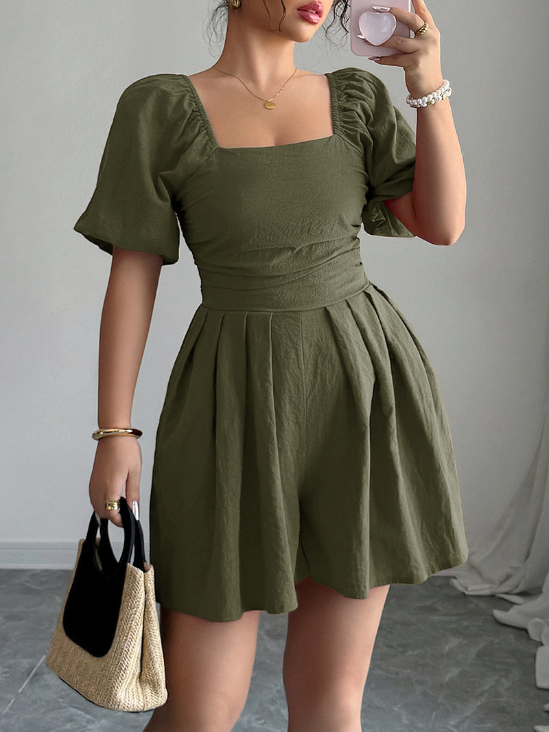 Short Sleeve Solid Color Pleated Romper GZEY D2316023