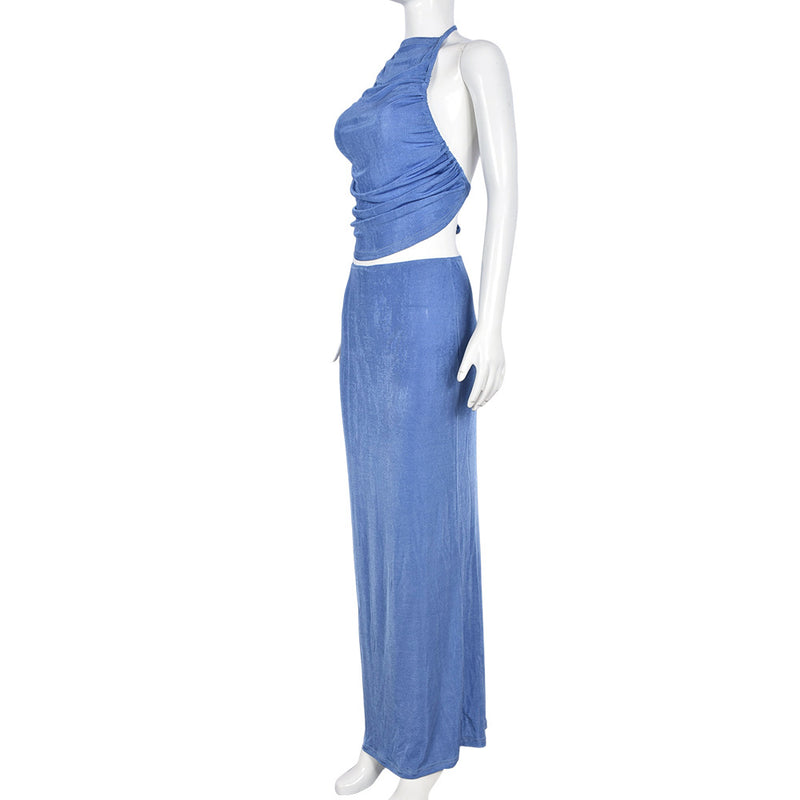 Sexy Tie Up Pleated Crop Tops Two Piece Skirts Set GNZD 9607SD