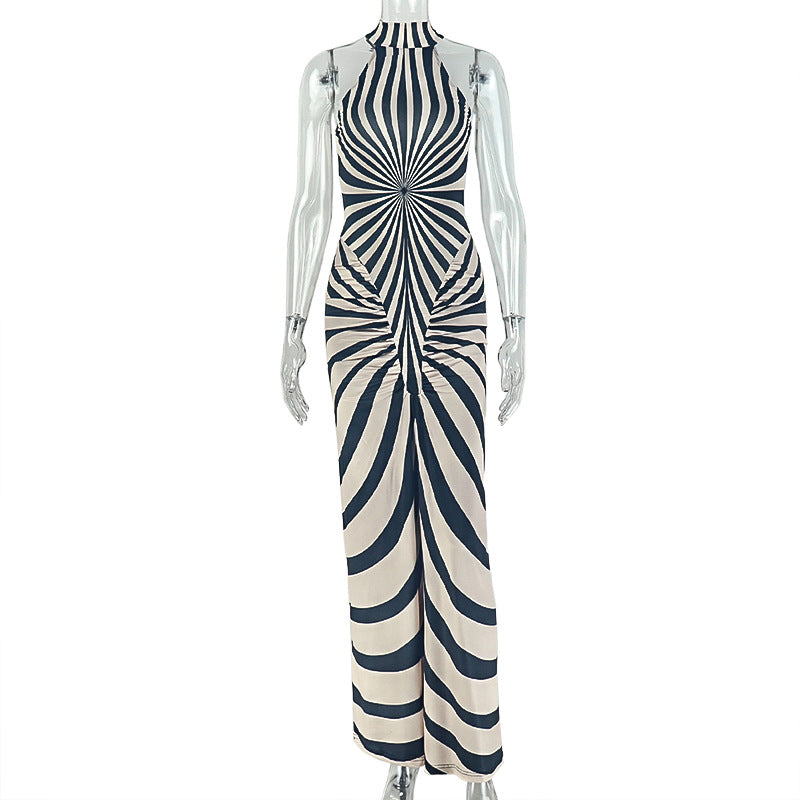 Stripe Print Sleeveless Backless Maxi Dress GJYO JD305667