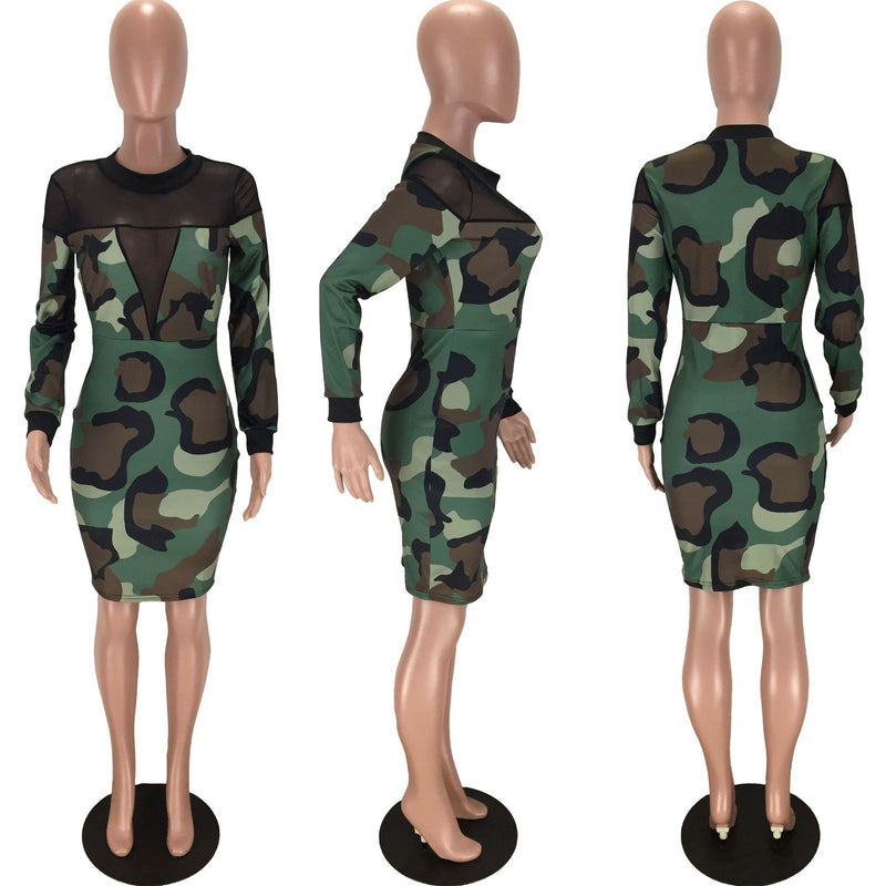 Sexy Printed Mesh Patchwork Long Sleeve Dress LM 8284