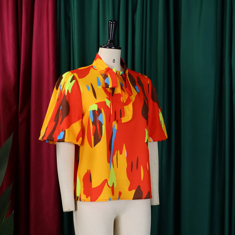 Plus Size Print Tie Up Bubble Sleeve Shirt GATE 561