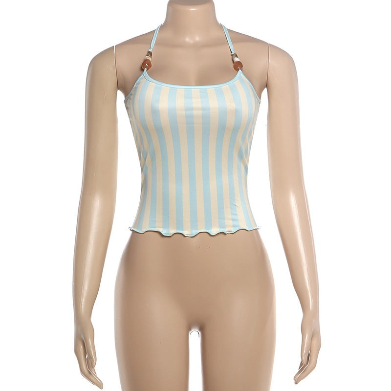 Halterneck Beading Stripe Tank Top GYME K6B10711A