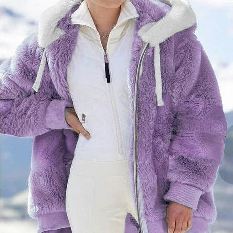 Plus Size Fashion Loose Plush Zipper Hooded Coat GOFY 9910