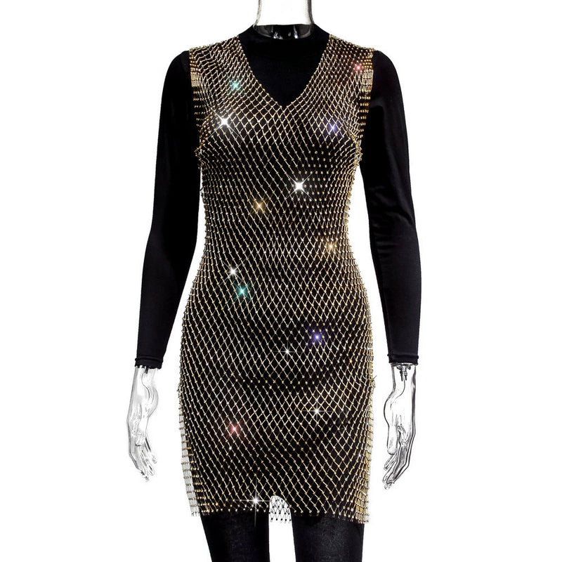 Sexy Mesh Sparkle Diamond Fishnet Mini Dress GZYY 1002