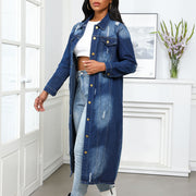 Torn Hole Washed Loose Denim Long Coat GKNF TS 24932