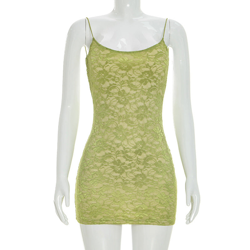Lace Patchwork Backless Sling Mini Dress GDSF D26DS073