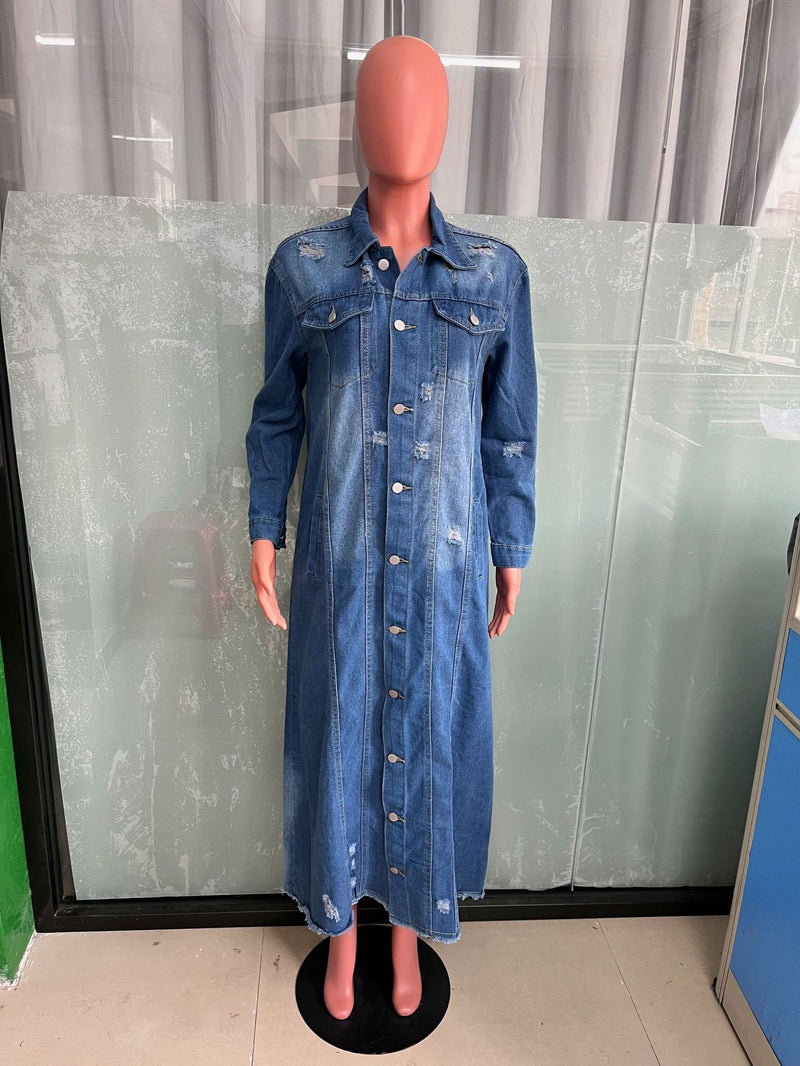 Fashion Holes Long Sleeve Denim Long Coat LX 6017