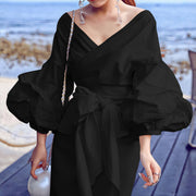 Sexy Tie Up Bubble Sleeve V Neck Blouse GCZF 8620