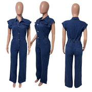 Short Sleeve Single Breasted Button Denim Jumpsuit LX 3590