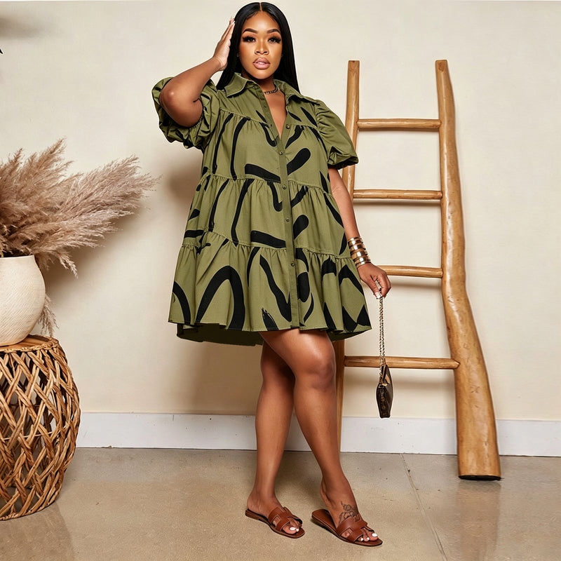 Plus Size Print Loose Short Sleeve Casual Dress GTYZ 7614