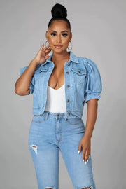 Plus Size Half Puff Sleeve Denim Jacket XCFF 1066