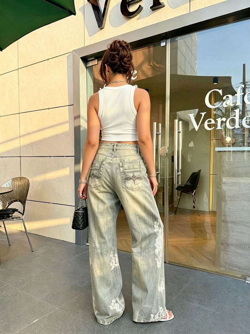 Plus Size Lace Holes Print Jeans GYLN 0197