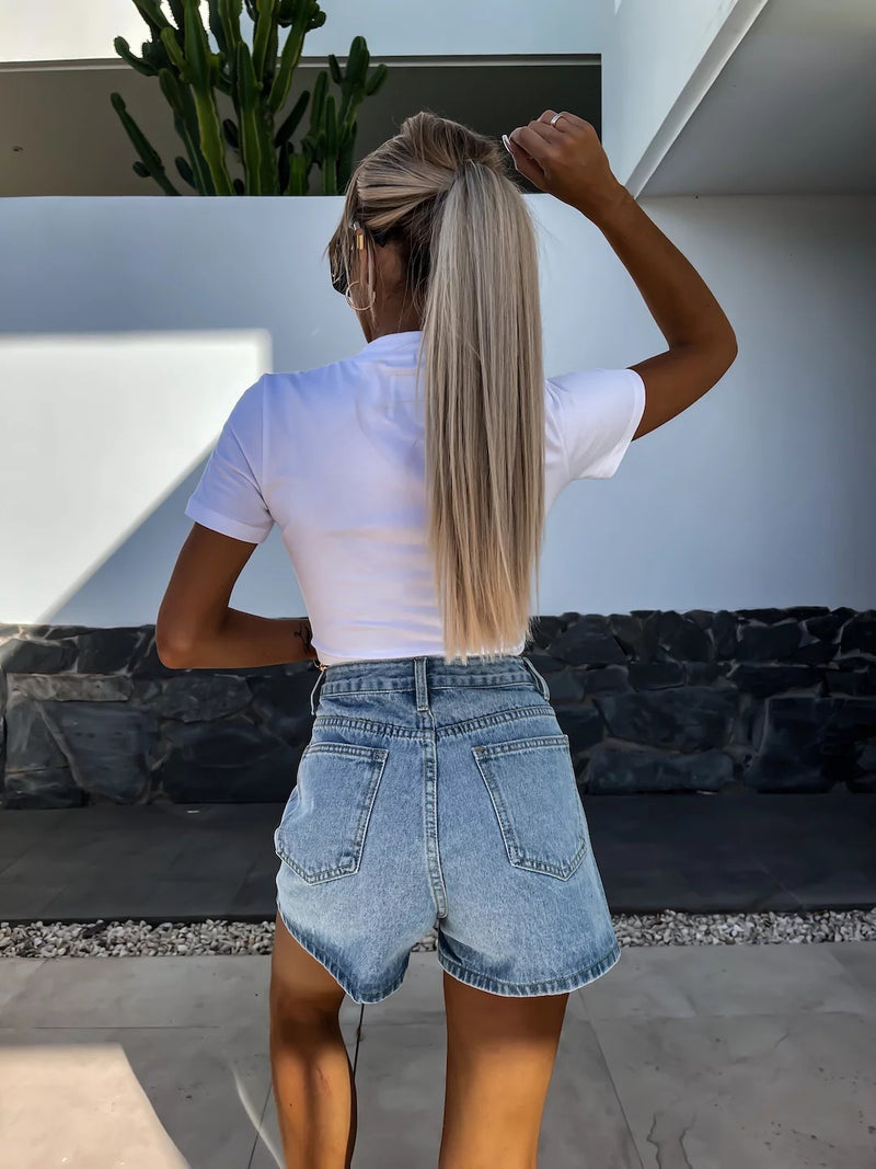 Beaded Washed Straight Leg Denim Shorts GKNF TSYOU 6865
