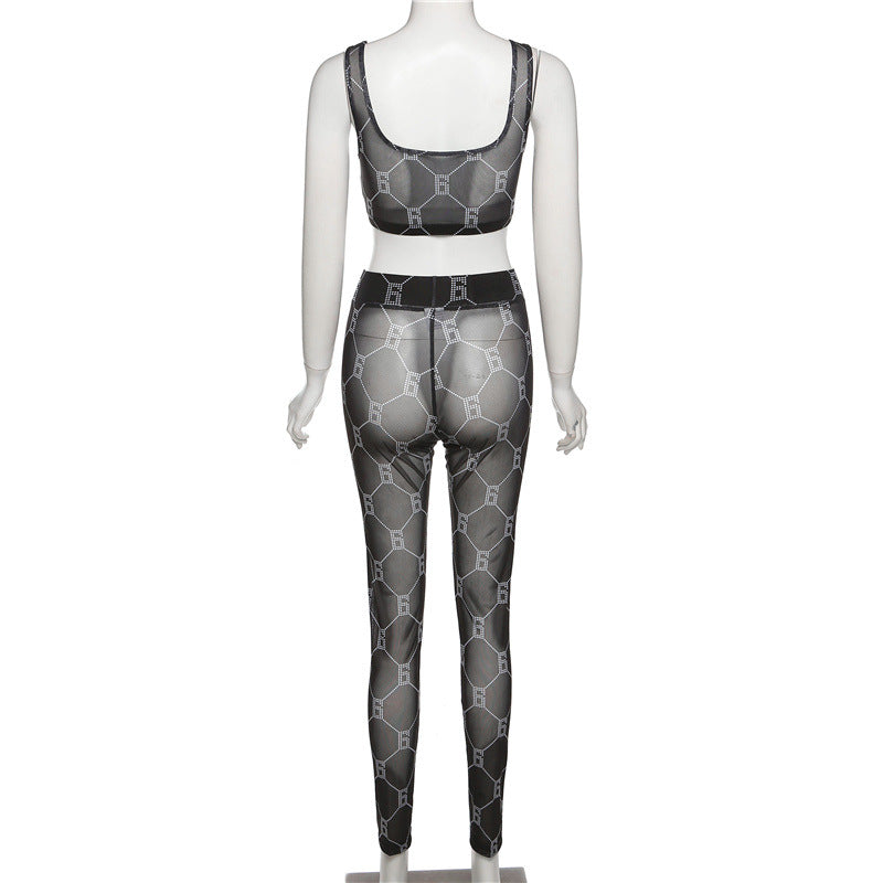 Sexy Printed Mesh See Through Tank Top And Pants 2 Piece Sets XEF 10381