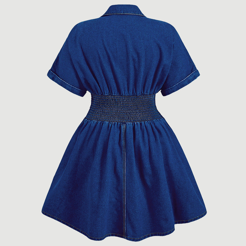 V Neck Short Sleeve Denim Mini Dress GDAM 218976