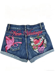 Embroidered Butterfly Heart Denim Shorts GQLF 6969