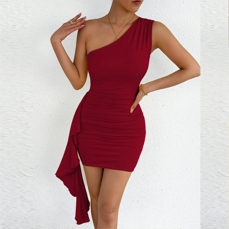 Single Shoulder Solid Color Mini Dress YMYF 9574