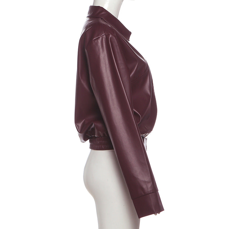 Solid Color Zipper Leather Coat XEF K25C85370