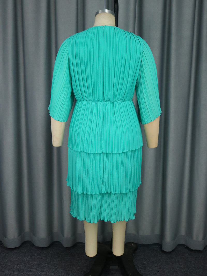 Plus Size Belt Press Pleated Cake Midi Dress GKEN AM040936