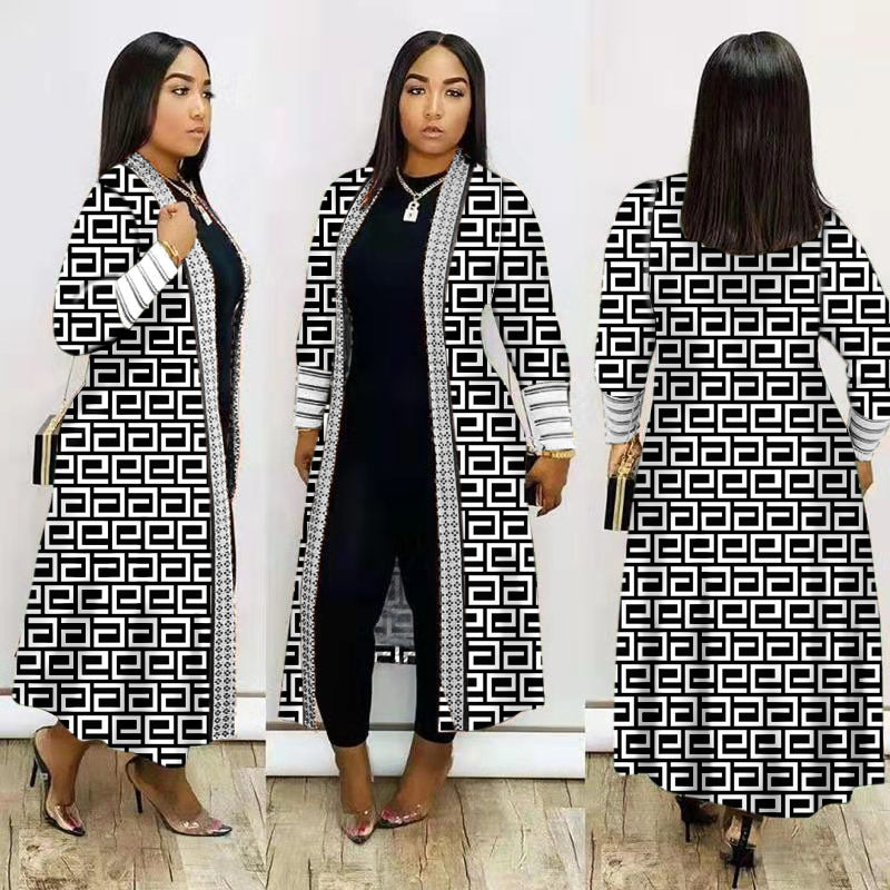 Plus Size Print Long Sleeve Knit Coat GRNH 8078