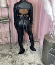 PU Leather Backless Tie Knot Long Sleeve Top LSD 81096