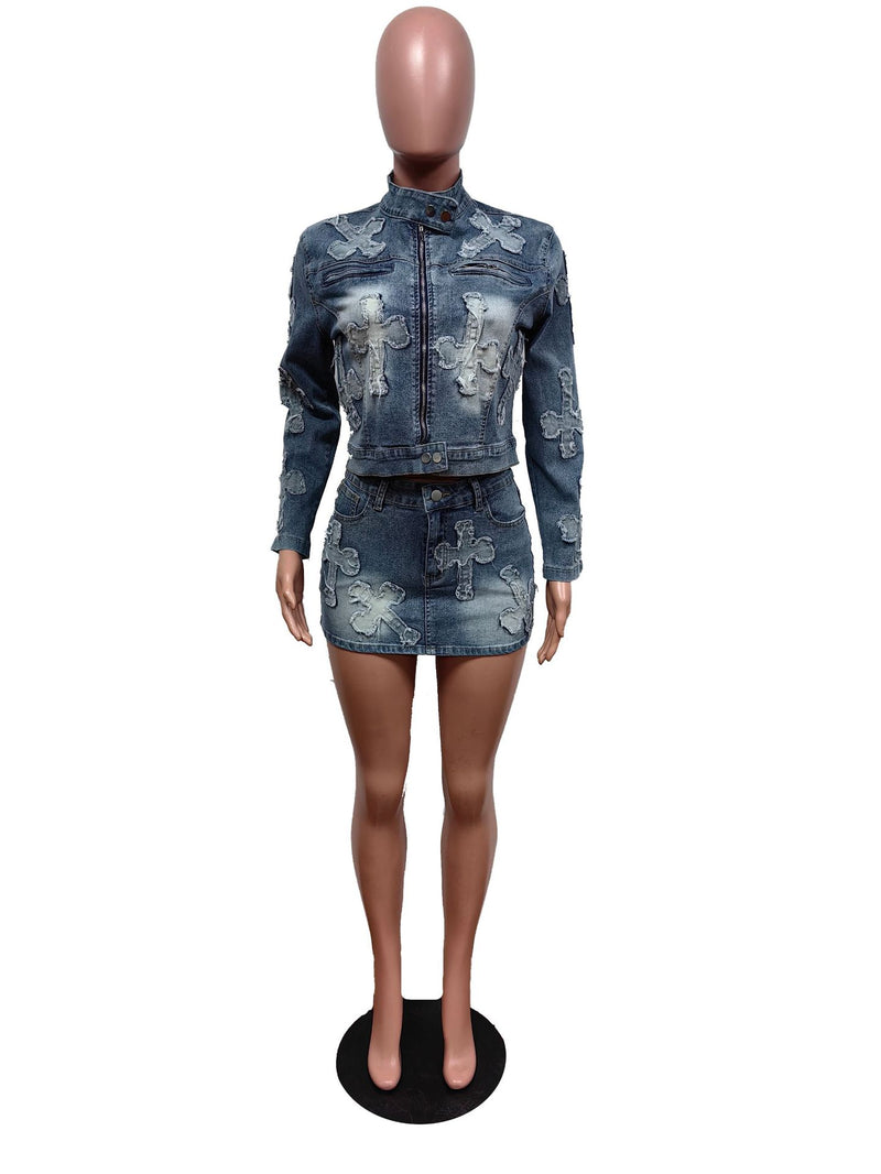 Denim Embroider Jackets And Skirt Two Piece Set MEM 88539