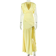 Solid Color Ruched V Neck Maxi Dress GJYO JD305606