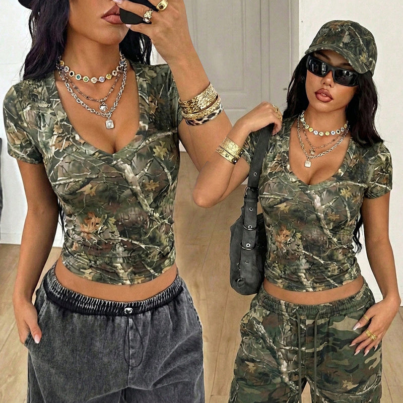 Camouflage Print Short Sleeve T Shirt SH 391489
