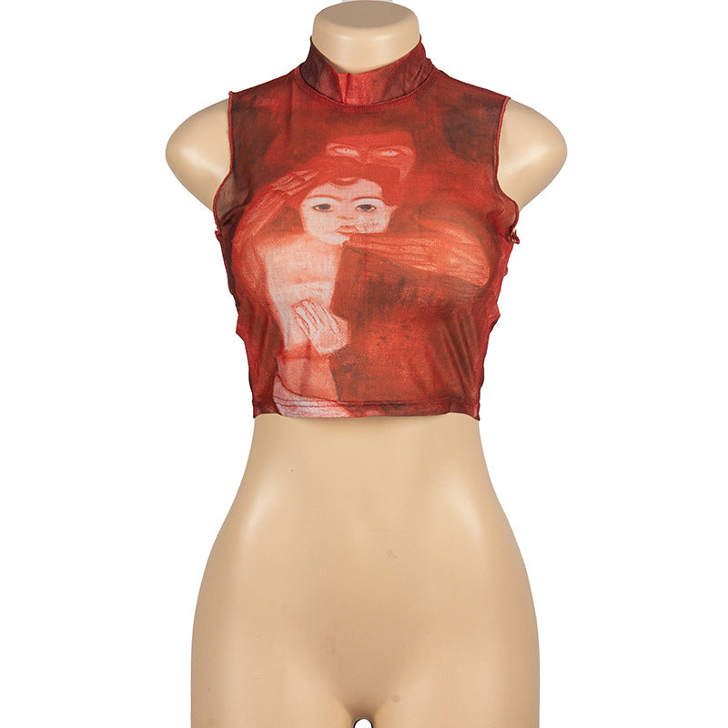 Sleeveless Print Slim Crop Top GAXB W050TP