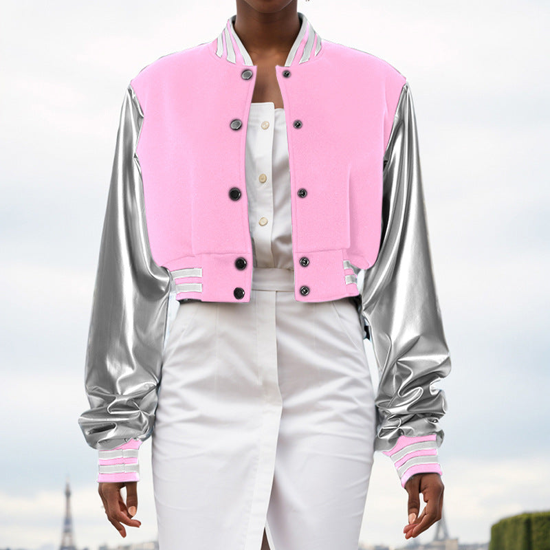Color Block Short PU Leather Baseball Coat GSZM K23TP377