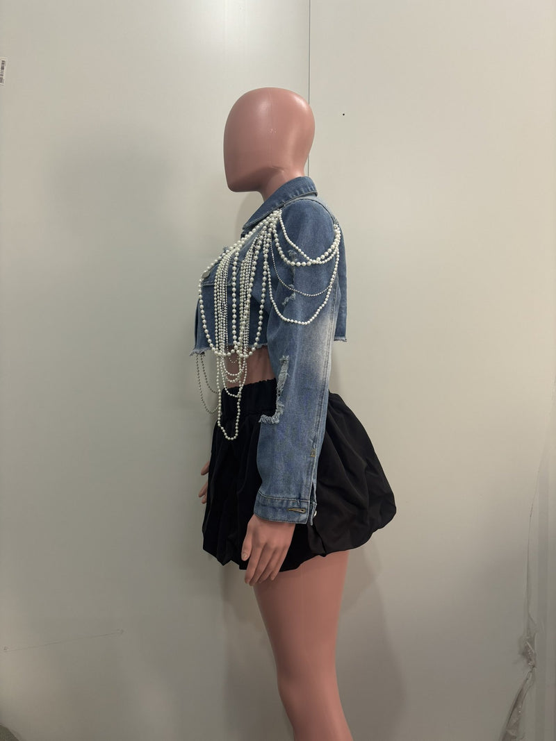 Fashion Pearl Chain Denim Jacket ORY 5277
