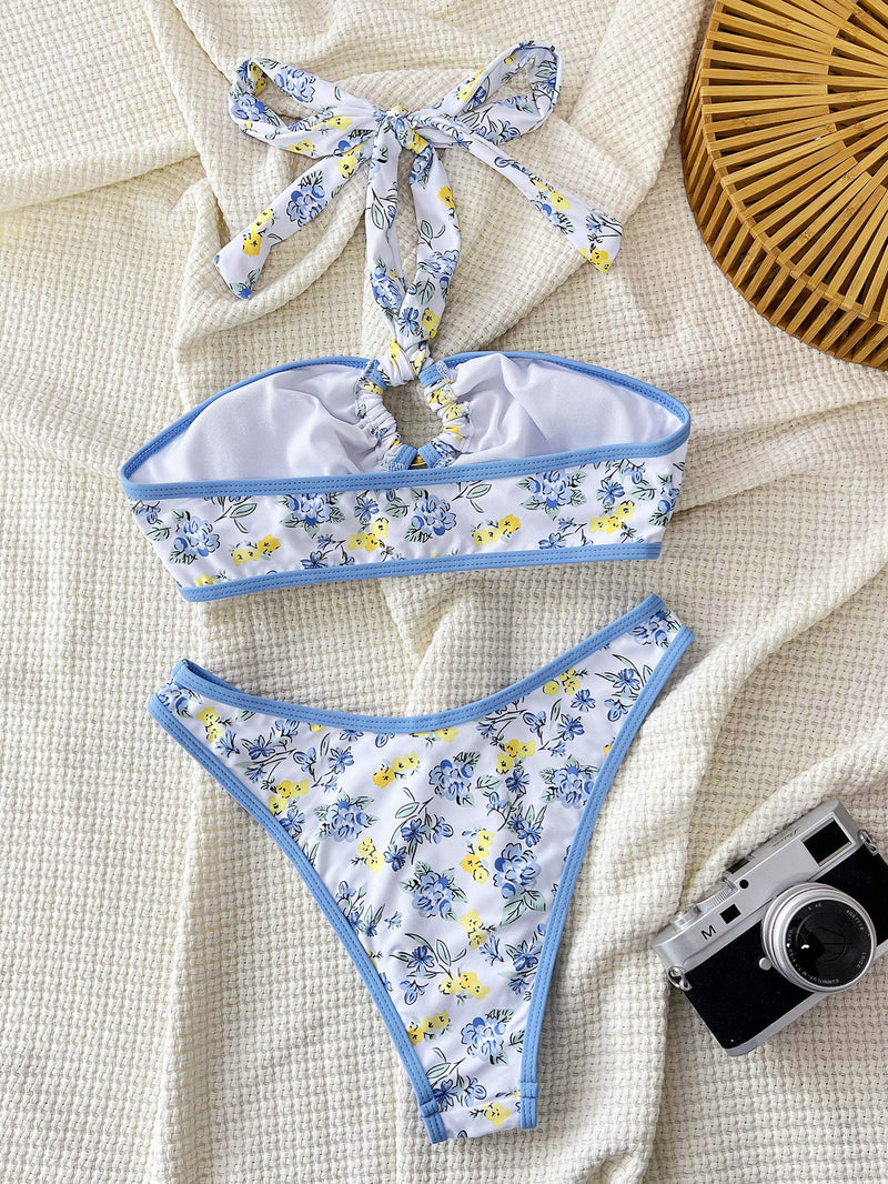 Print Halterneck Backless Two Piece Swimsuit CSYZ G113WY