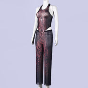 See Through Mesh Tie Up Two Piece Pants Set GNZD 11828