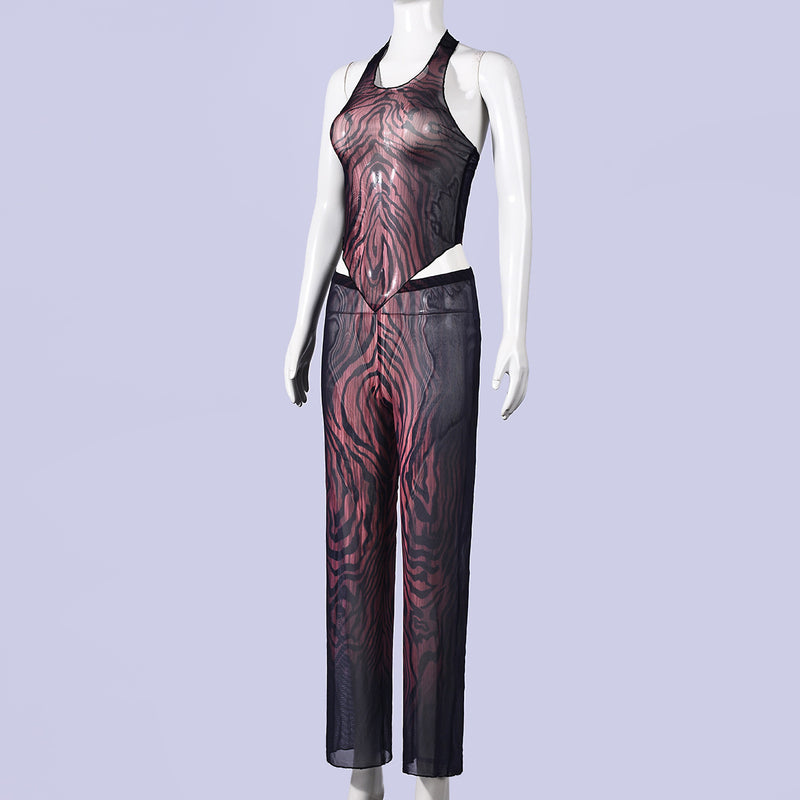 See Through Mesh Tie Up Two Piece Pants Set GNZD 11828