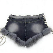 Retro Fur Patchwork Studs Denim Shorts GQLF 3010