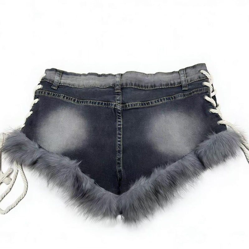 Retro Fur Patchwork Studs Denim Shorts GQLF 3010