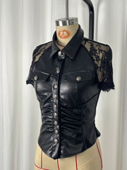Lace Patchwork PU Leather Shirt GWDS 260421