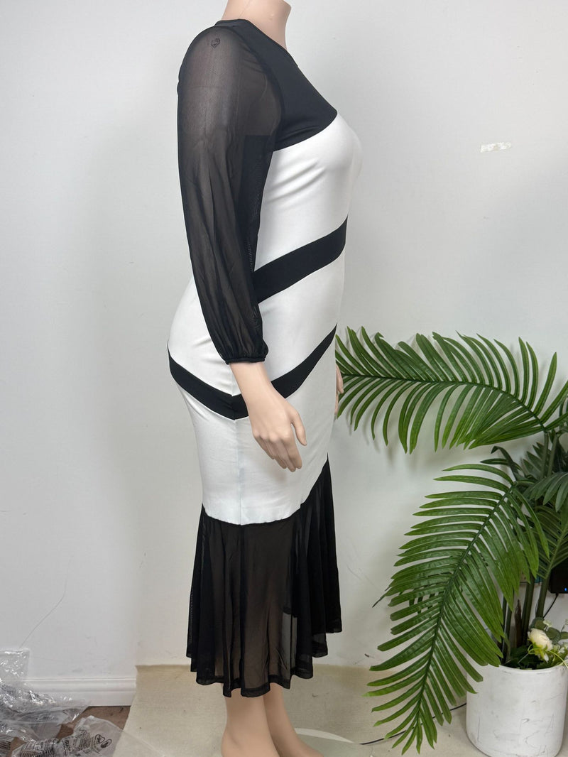 Plus Size Color Block Mesh Long Sleeve Maxi Dress GAWE 6784
