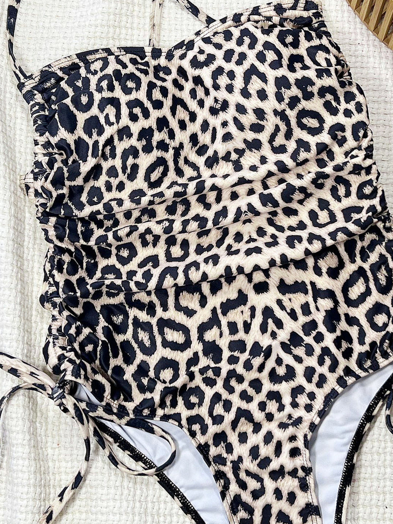 Leopard Print Tie Up One Piece Swimsuit CSYZ 382