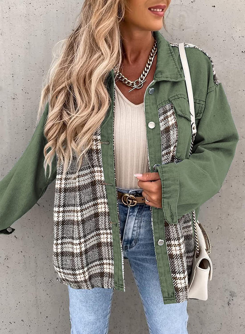 Denim Long Sleeve Plaid Shirt Jacket GOFY W220239