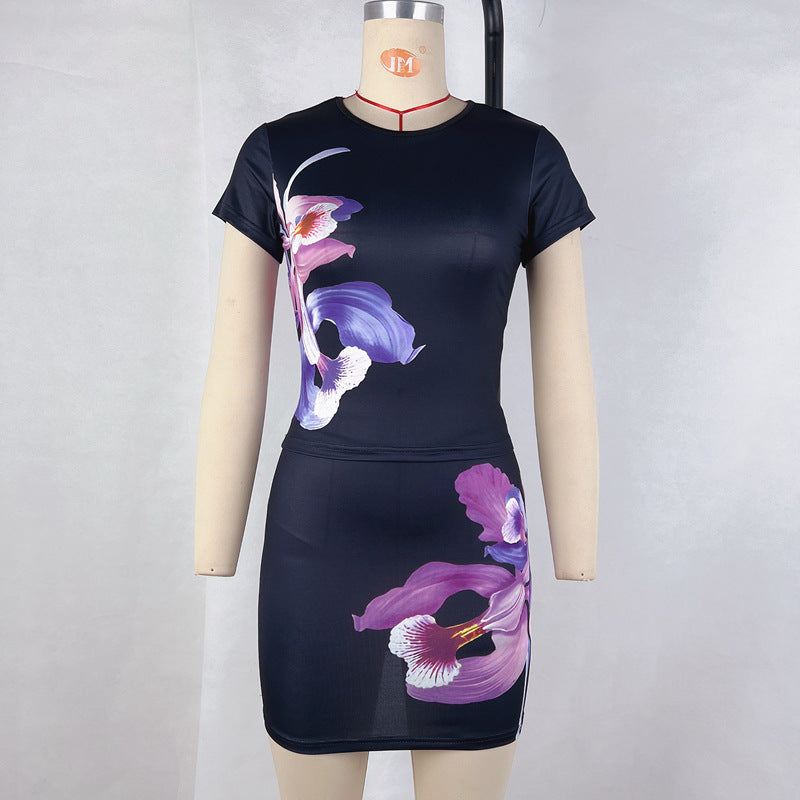 Short Sleeve Print Two Piece Skirts Set GPBY 15452