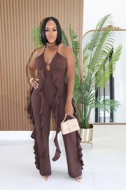 Halterneck Deep V Neck Ruffles Jumpsuit GTYZ 7626