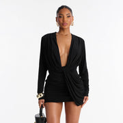 Deep V Neck Logn Sleeve Ruched Mini Dress GSZM C26DS333