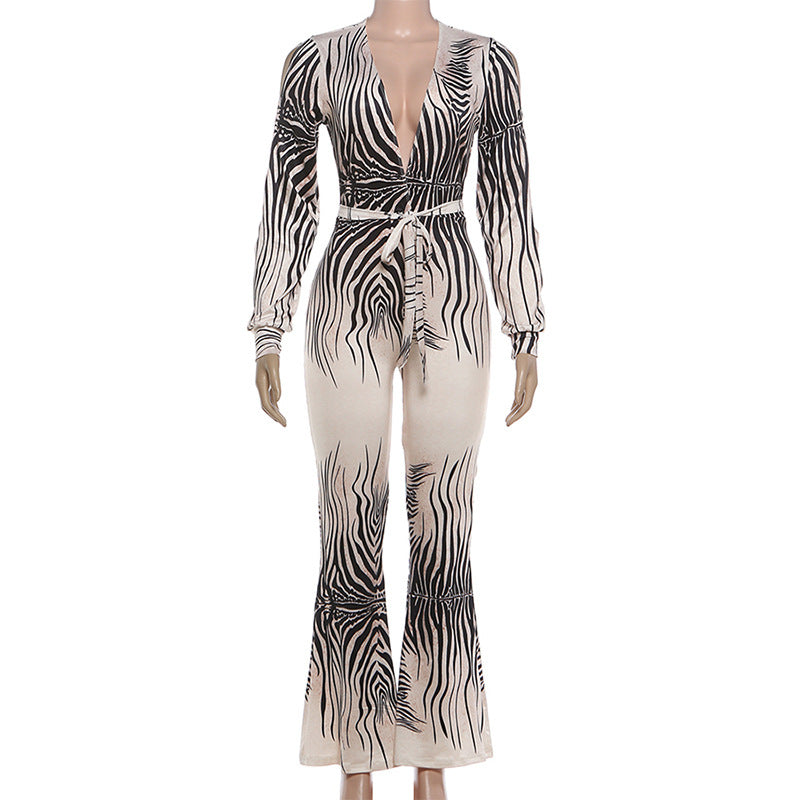 Deep V Neck Long Sleeve Print Jumpsuit XEF K25S89517