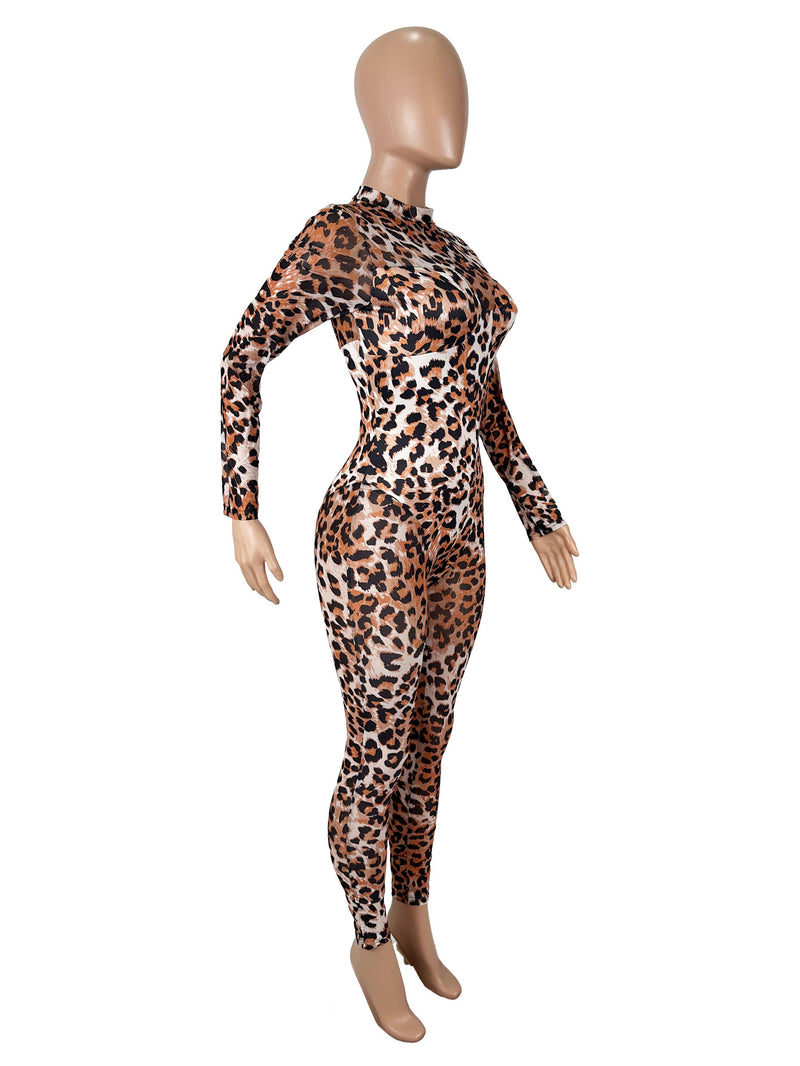 Mesh Leopard Print Long Sleeve Jumpsuit SHD 9575