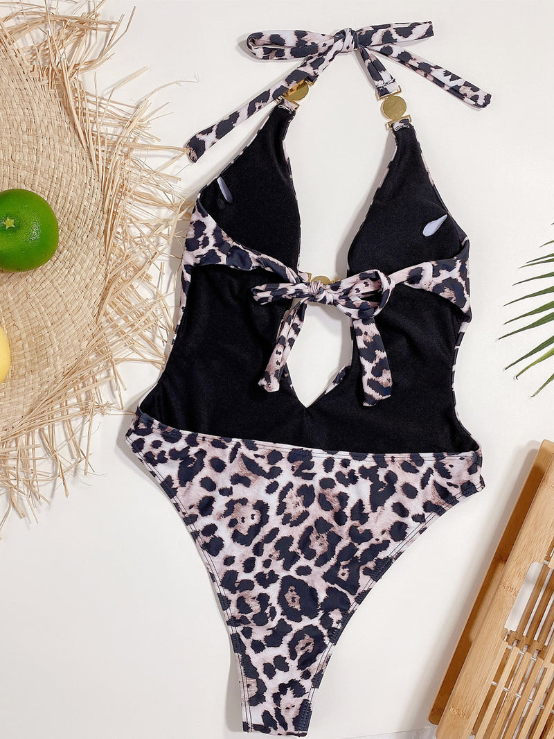 Sexy Leopard Print Halter Neck One Piece Swimsuit CSYZ B277W