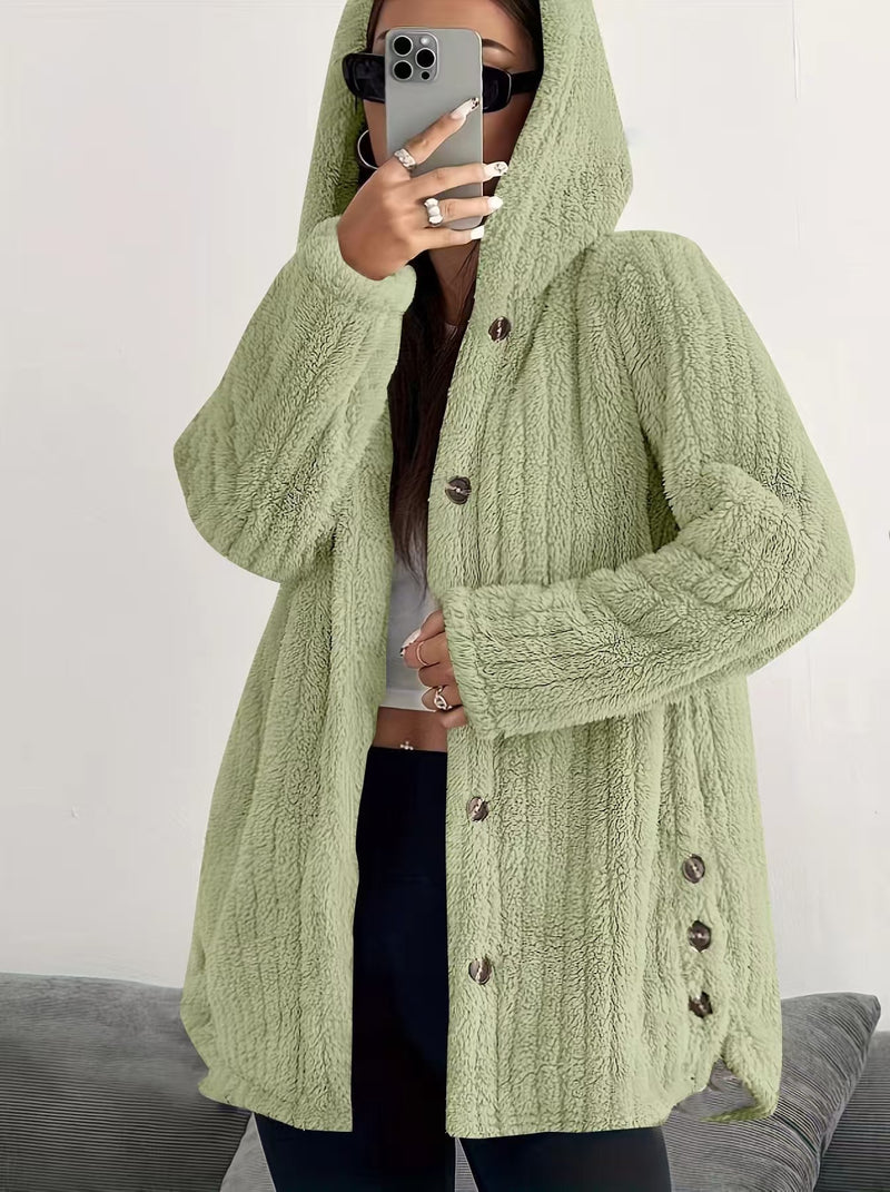 Solid Color Buttoned Long Sleeve Hooded Plush Fashion Coat GYOU CX1022