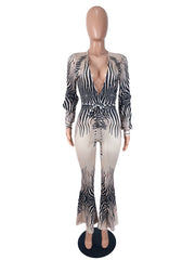 Deep V Neck Print Hollow Out Jumpsuit SHD 9991