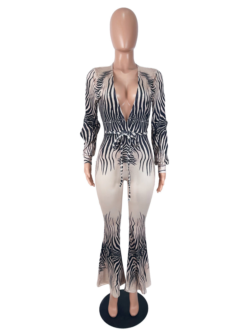 Deep V Neck Print Hollow Out Jumpsuit SHD 9991